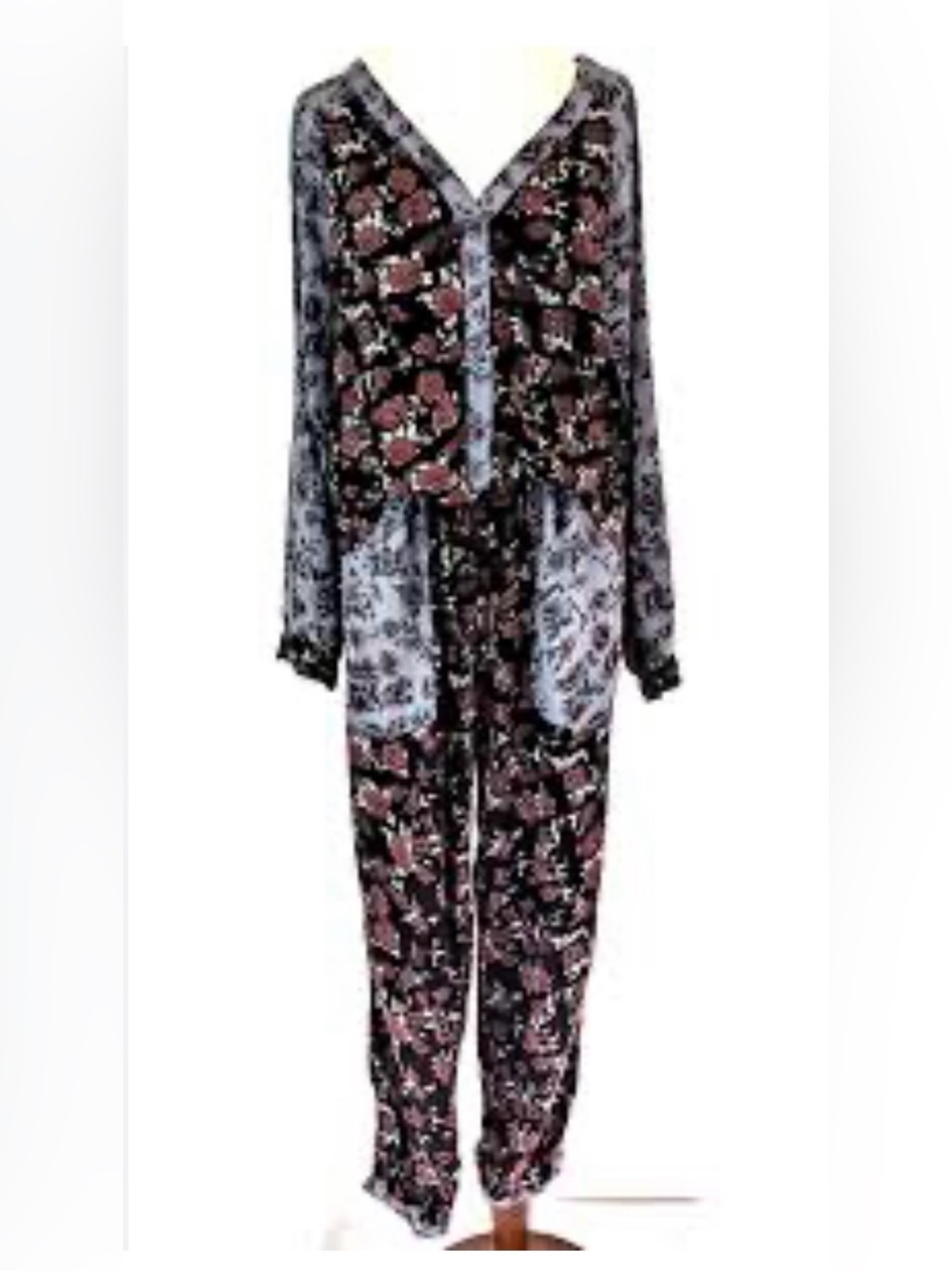 Free People Sheila Patchwork Black Floral Jumpsuit, Size Small - Picture 3 of 7